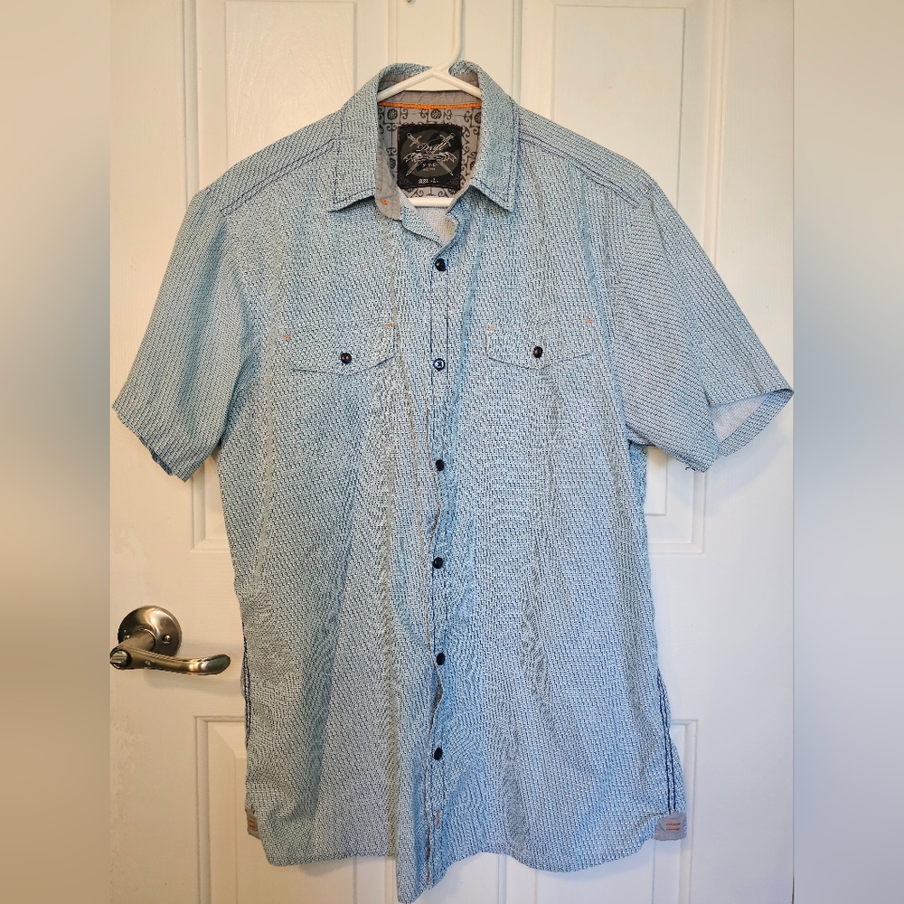 Drill NYC Blue Short Sleeve Patterned Button Down Shirt Men's Size L